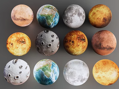 Twelve Different Celestial Planet Globe Models Featuring Earth Moon and Mars 3d model
