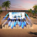 Beach Scene With Sunset Palm Trees Surfboards And BYD Signage