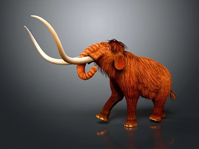 Realistic Woolly Mammoth With Long White Tusks And Brown Fur Standing On Gray Background 3d model