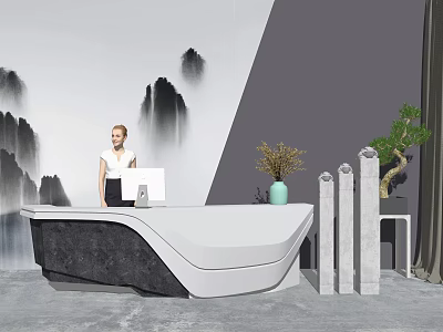 Modern Reception Desk Design With Chinese Ink Painting Decor And Potted Green Plant 3d model