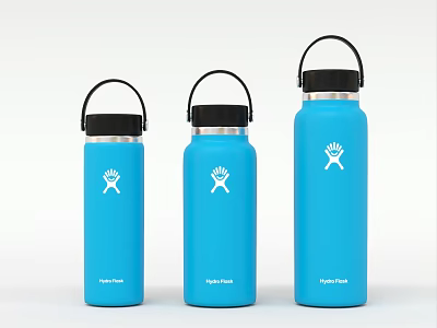 Blue Hydro Flask Water Bottles In Various Sizes With White Logo And Black Lids 3d model