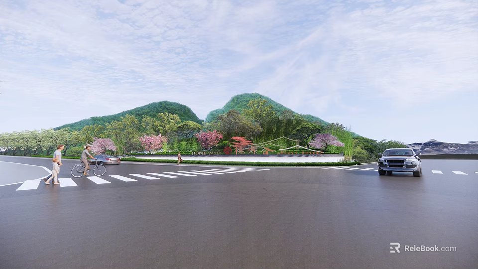 Scenic Road With Pedestrians Bicycle Car And Green Mountains Cherry Blossoms 3d model 