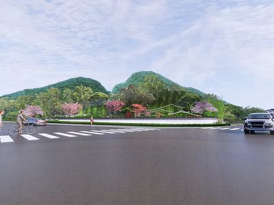 Scenic Road With Pedestrians Bicycle Car And Green Mountains Cherry Blossoms 3d model