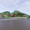 Scenic Road With Pedestrians Bicycle Car And Green Mountains Cherry Blossoms