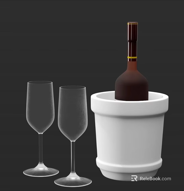 Elegant Wine Bottle And Two Wine Glasses With White Ice Bucket Setup 3d model 