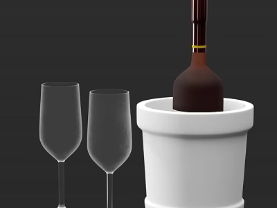 Elegant Wine Bottle And Two Wine Glasses With White Ice Bucket Setup 3d model