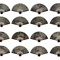 Traditional Patterned Wooden Fans Hanging As Wall Decor In Grid Design