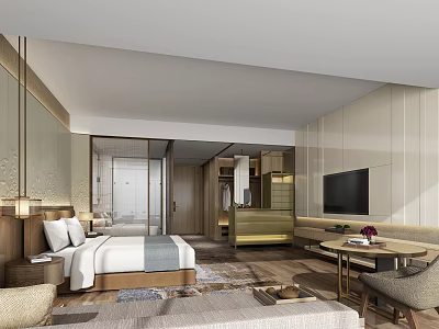 Modern Hotel Guest Room Interior With Comfortable Bed TV Sofa And Wooden Furniture 3d model