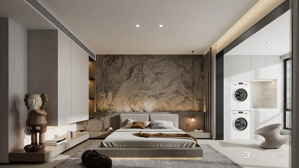 Modern Bedroom Interior With Marble Texture Wall Bed Wardrobe Table Lamp And Rug 3d model 