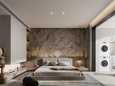 Modern Bedroom Interior With Marble Texture Wall Bed Wardrobe Table Lamp And Rug 3d model