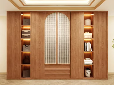 Modern Wooden Wardrobe with Arched Grille Door Lighted Side Compartments and Storage for Bags Books 3d model