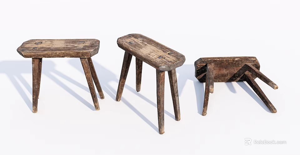 Old Wooden Stools In Various Conditions Intact And Broken On White Background 3d model 