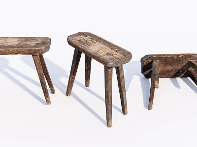 Old Wooden Stools In Various Conditions Intact And Broken On White Background 3d model