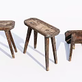 Old Wooden Stools In Various Conditions Intact And Broken On White Background