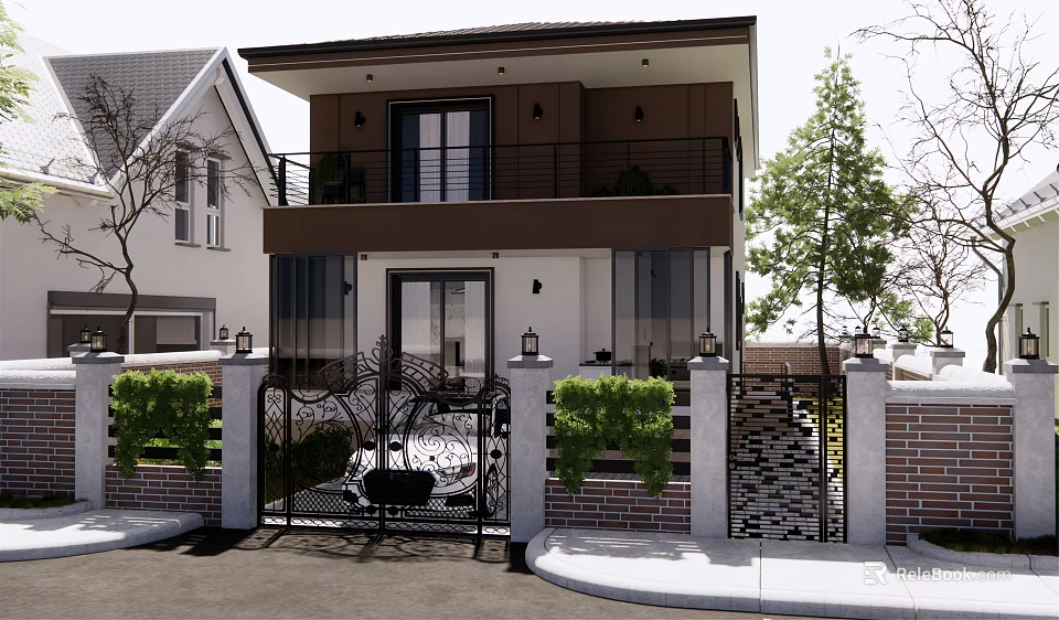 Two Story Modern Detached Villa Exterior With Balcony Front Gate And Greenery 3d model 