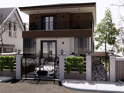 Two Story Modern Detached Villa Exterior With Balcony Front Gate And Greenery 3d model