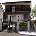 Two Story Modern Detached Villa Exterior With Balcony Front Gate And Greenery