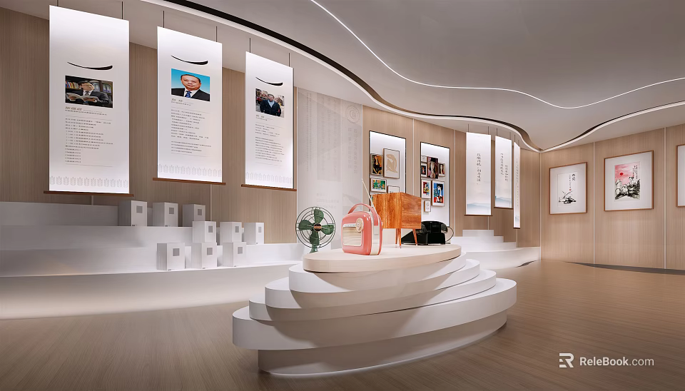 Modern Exhibition Hall Interior Design With Hanging Panels Display Platforms And Exhibits 3d model 