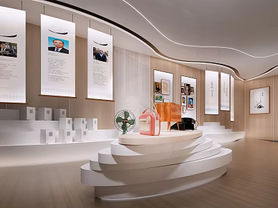 Modern Exhibition Hall Interior Design With Hanging Panels Display Platforms And Exhibits 3d model