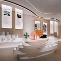 Modern Exhibition Hall Interior Design With Hanging Panels Display Platforms And Exhibits