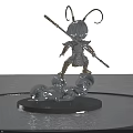 Cartoon Sculpture Holding Staff With Curly Horns Silver Armor On Cloud Base In Water Pool