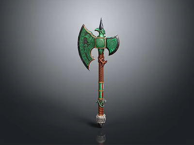 Green Ornate Axe With Intricate Design Brown Handle And Silver Base Fantasy Weapon 3d model