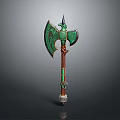Green Ornate Axe With Intricate Design Brown Handle And Silver Base Fantasy Weapon