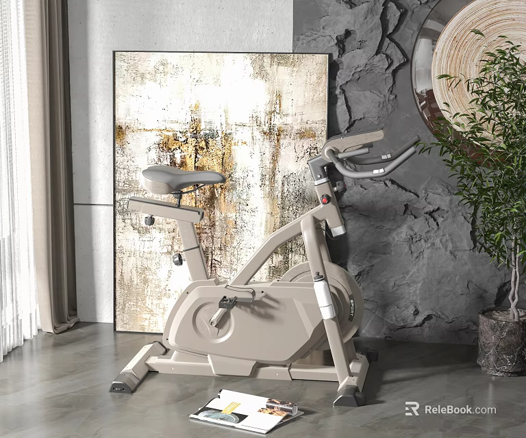 Modern Beige Stationary Exercise Bike In Home Interior With Textured Wall And Potted Plant 3d model 