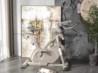 Modern Beige Stationary Exercise Bike In Home Interior With Textured Wall And Potted Plant 3d model