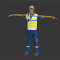 Man Standing in Yellow Reflective Vest Blue Work Uniform Cap Headphones With Arms Outstretched