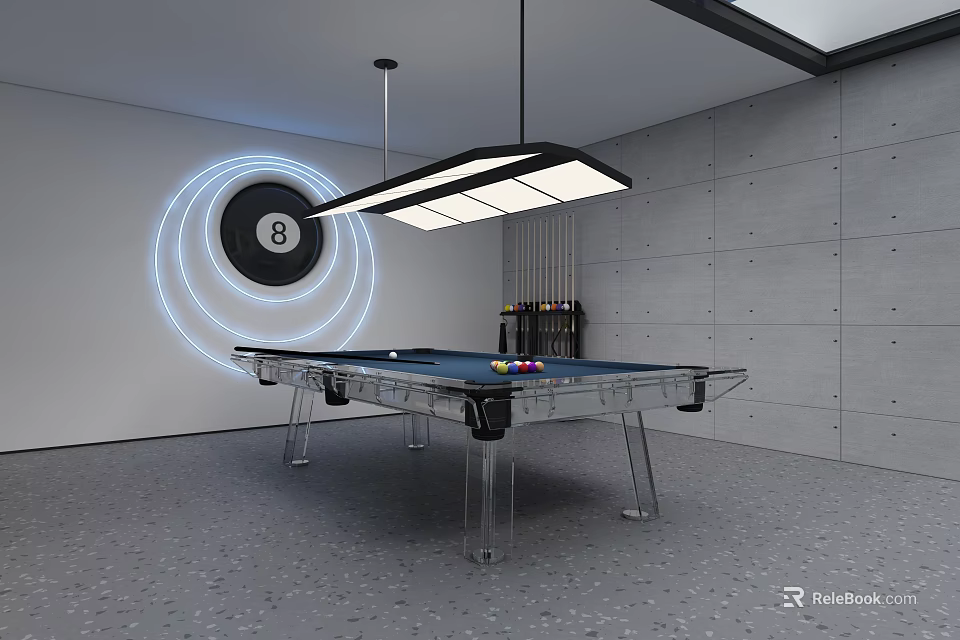 Modern Billiard Room Interior With Glass Pool Table Hanging LED Light And Number 8 Decor 3d model 