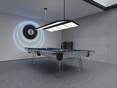 Modern Billiard Room Interior With Glass Pool Table Hanging LED Light And Number 8 Decor 3d model