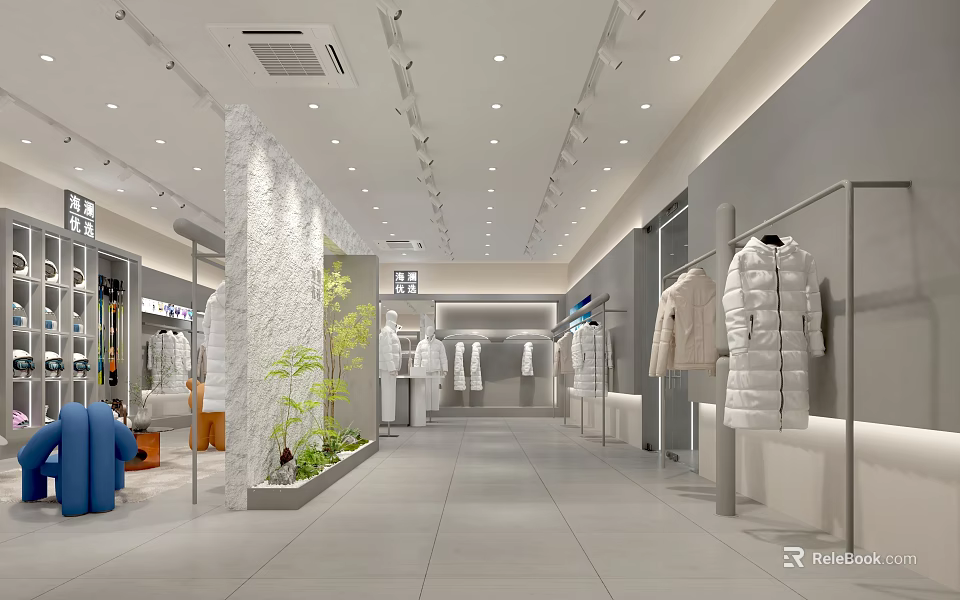 Modern Clothing Store Interior With Spacious Walkway Display Racks White Coats And Green Plants 3d model 