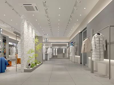 Modern Clothing Store Interior With Spacious Walkway Display Racks White Coats And Green Plants 3d model