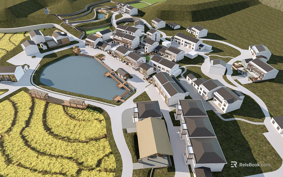 Garden Landscape Design of Rural Village With Pond Bridge and Terraced Fields 3d model 