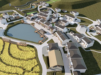 Garden Landscape Design of Rural Village With Pond Bridge and Terraced Fields 3d model