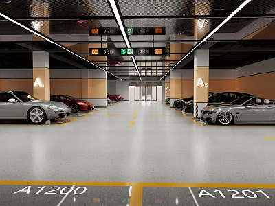 Indoor Parking Lot With Numbered Spaces Parked Cars Column Markers And Ceiling Lights 3d model