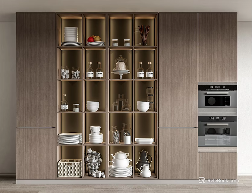 Modern Wooden Sideboard With Glass Door Storage Displaying Tableware And Decorations In Kitchen 3d model 