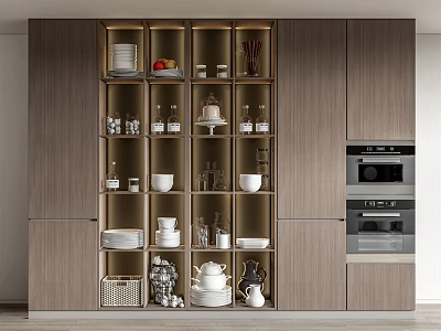 Modern Wooden Sideboard With Glass Door Storage Displaying Tableware And Decorations In Kitchen 3d model