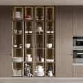 Modern Wooden Sideboard With Glass Door Storage Displaying Tableware And Decorations In Kitchen