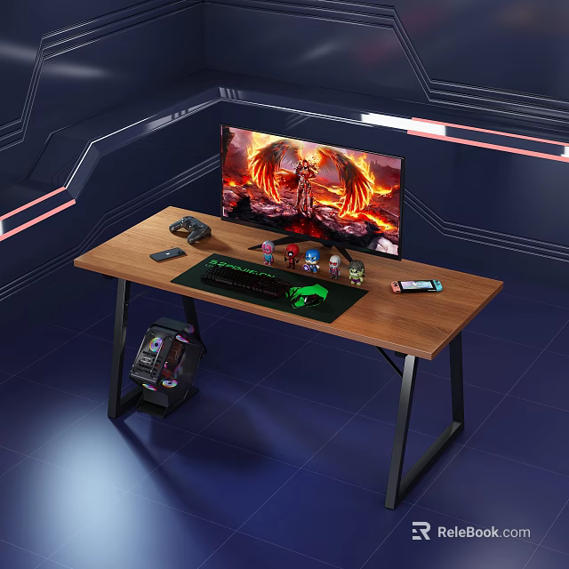 Gaming Desk With Wooden Top Black Metal Legs Large Monitor Flame Pattern And Gaming Accessories 3d model 