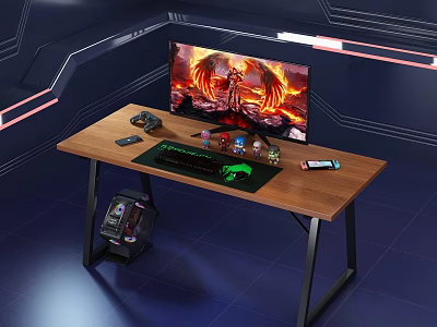 Gaming Desk With Wooden Top Black Metal Legs Large Monitor Flame Pattern And Gaming Accessories 3d model