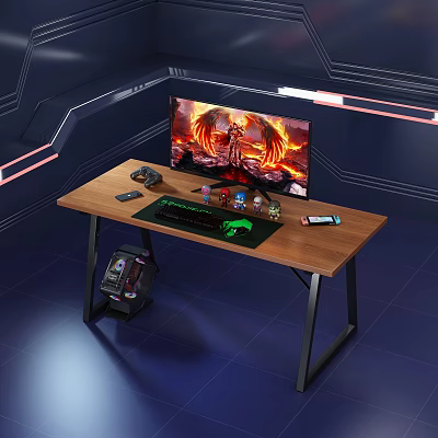 Gaming Desk With Wooden Top Black Metal Legs Large Monitor Flame Pattern And Gaming Accessories 3d model