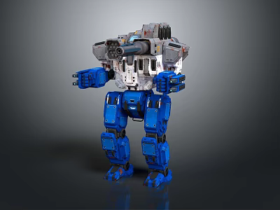 Mechanical Battle Mech Robot With Blue Legs Gray Torso And Armored Weapon Systems 3d model