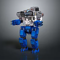 Mechanical Battle Mech Robot With Blue Legs Gray Torso And Armored Weapon Systems