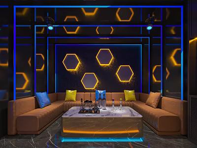 Modern KTV Interior With Hexagonal Decor Sofa Coffee Table And Lighting 3d model