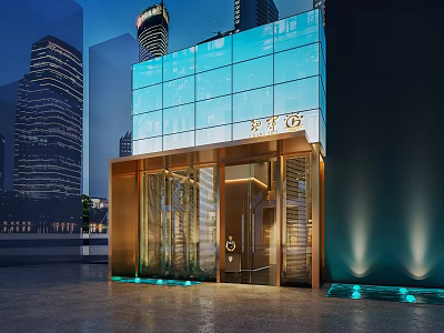 Modern Storefront with Glass Curtain Wall in City Night View Metal Frame And Lighting 3d model