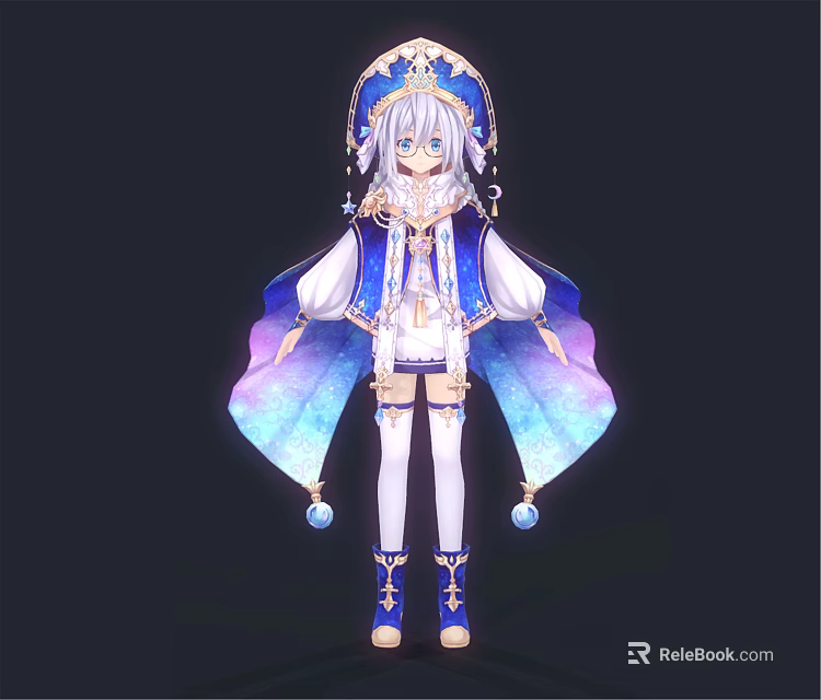 Elegant Mythical Character With Gradient Cape Blue Shoes Ornate Headdress And White Stockings 3d model 