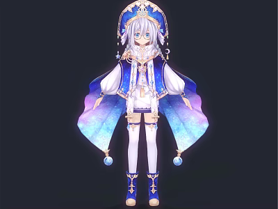 Elegant Mythical Character With Gradient Cape Blue Shoes Ornate Headdress And White Stockings 3d model