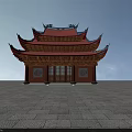 Traditional Ancient Chinese Architecture with Red Roof Overhanging Eaves Wooden Structure on Stone Pavement Square